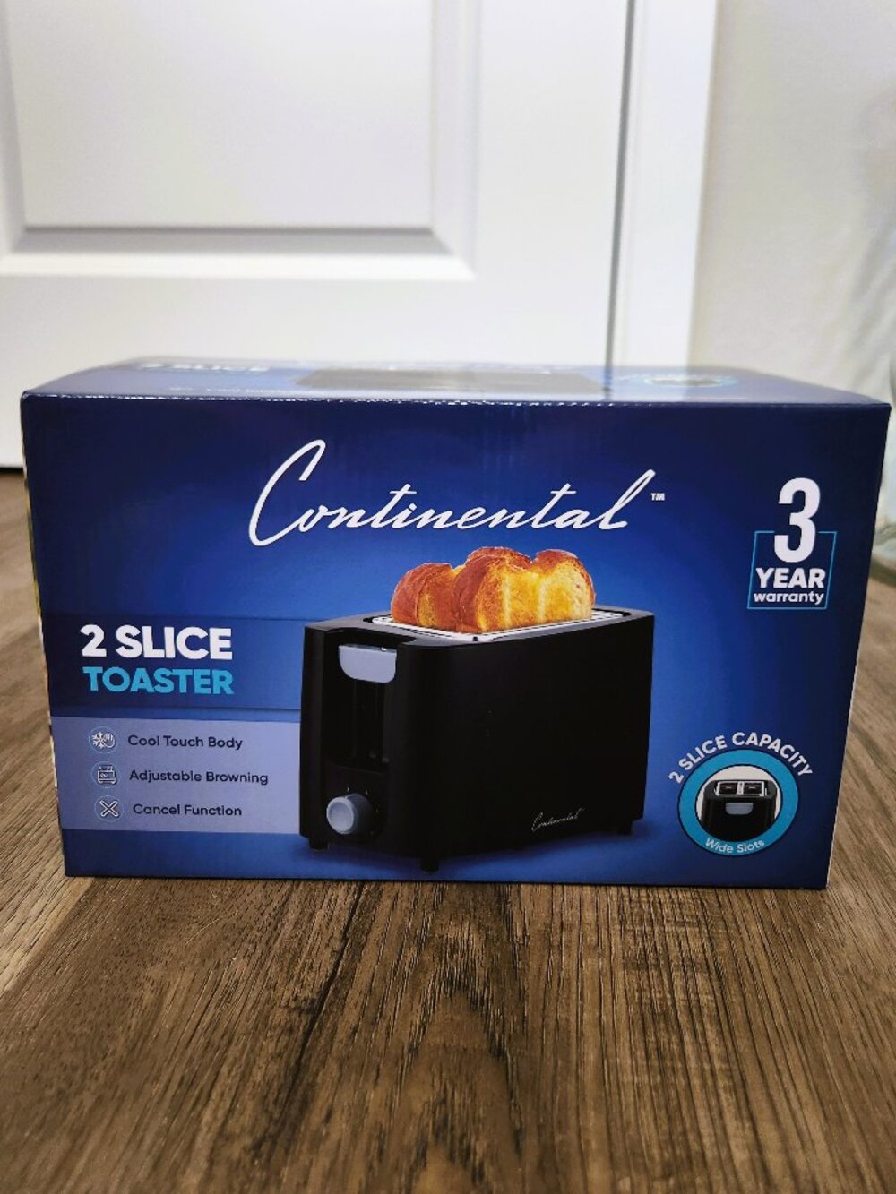 Continental 2 Slice Toaster Black Wide Slots Adjustable Browning NEW IN BOX